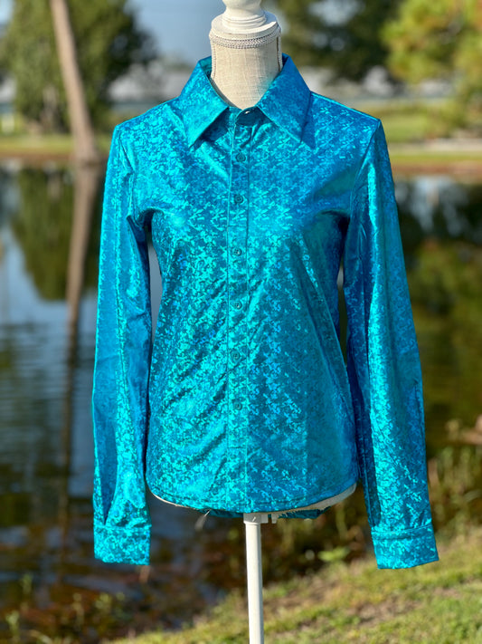 Twisted Equine “Blue Ice” UV Cooling Material Pullover Button Up Long Sleeve Shirt