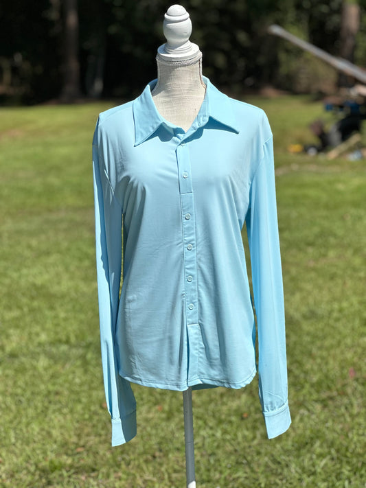 Twisted Equine “Baby Blue” UV Cooling Material Pullover Button Up Long Sleeve Shirt